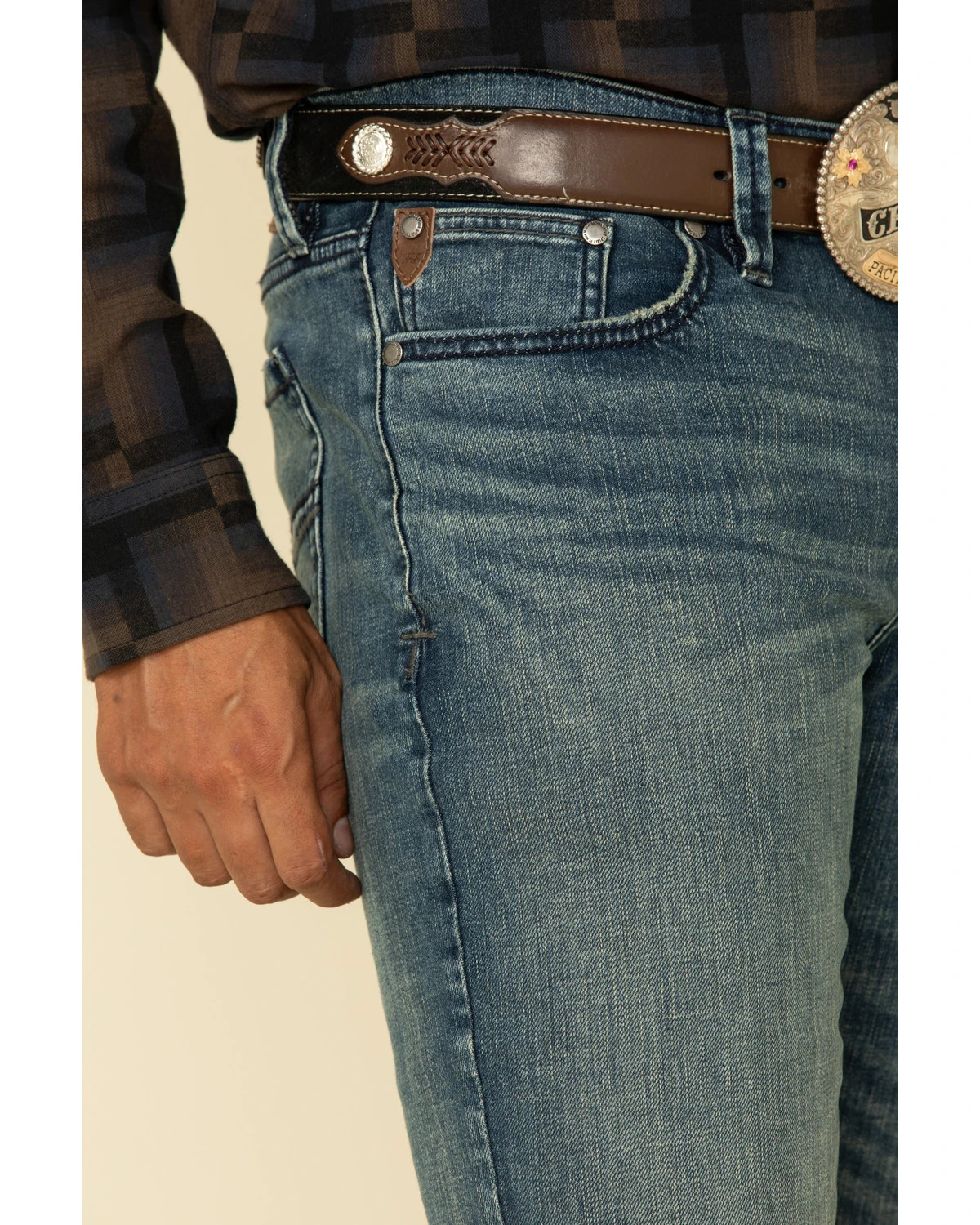 Moonshine Spirit Men's Deep Pockets Dark Wash Stretch Slim Boot Jeans - Image 4