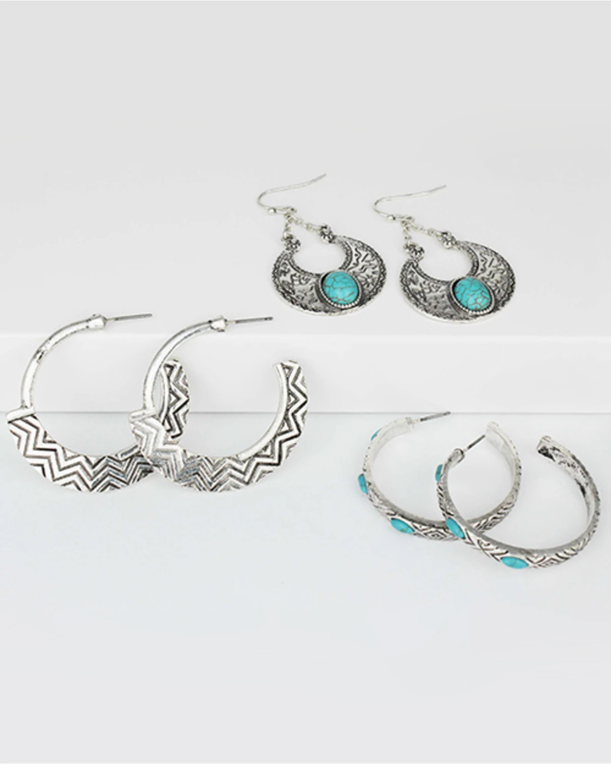 Prime Time Jewelry Women's 3-piece Silver & Turquoise Hoop And Dangle Earrings Set