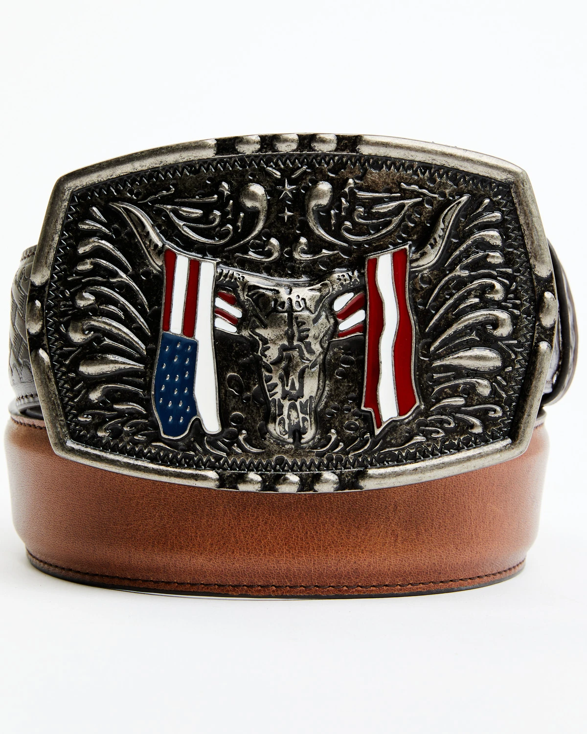 Cody James Men's Longhorn Americana Draped Flag Basketweave Buckle Belt