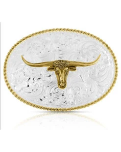 Montana Silversmiths Two-Tone Engraved Western Longhorn Belt Buckle